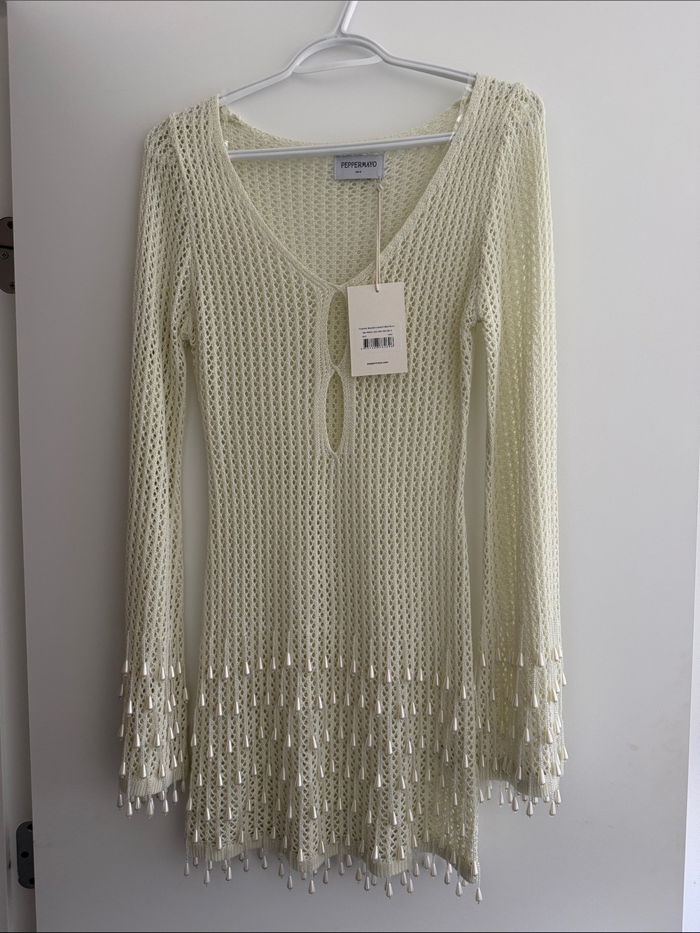 Peppermayo Women's Cream Crochet Long-Sleeve Tie-Front Dress with Beaded Fringe